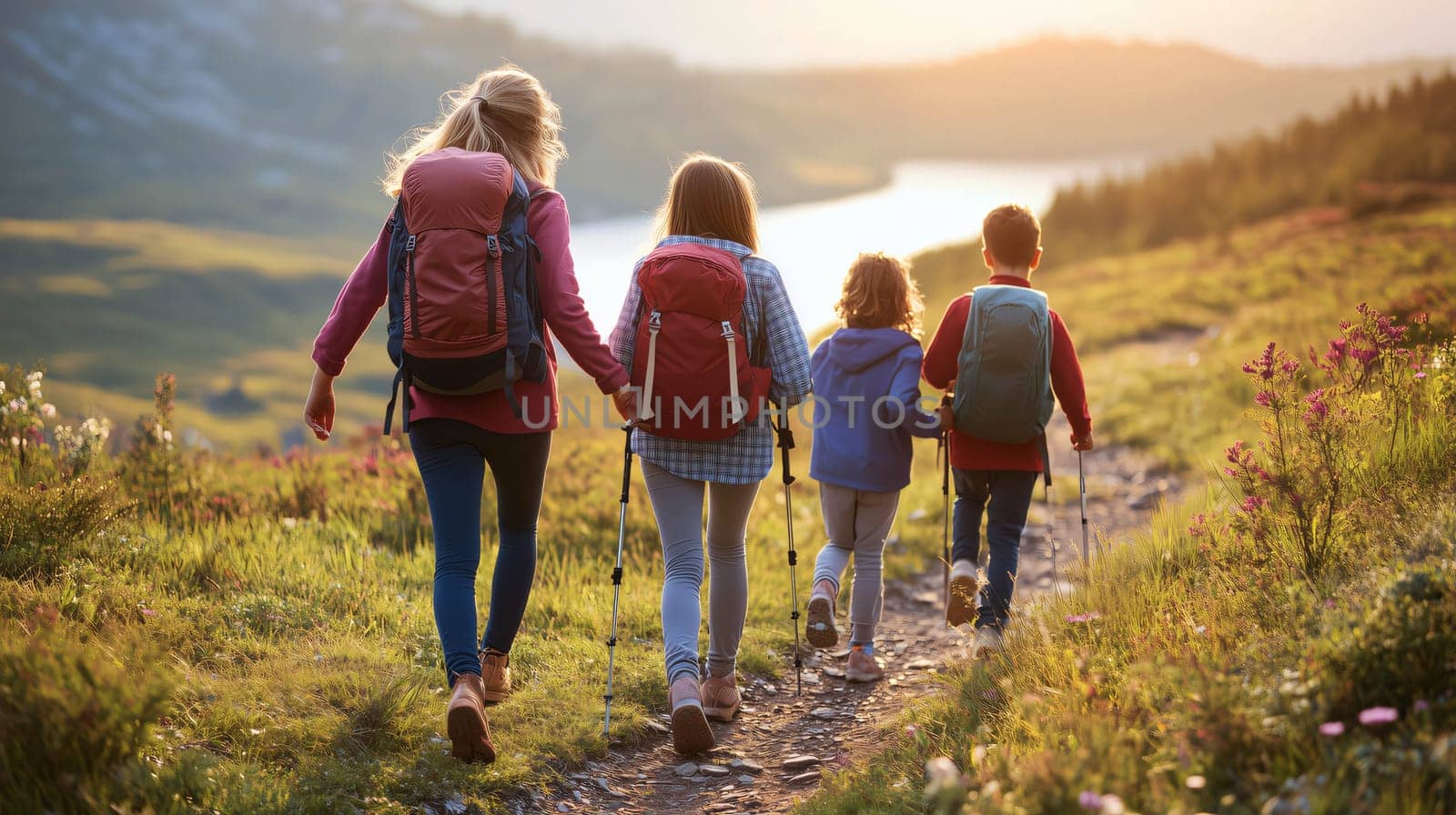 Family of four are enjoying a scenic hike in the mountains at sunset