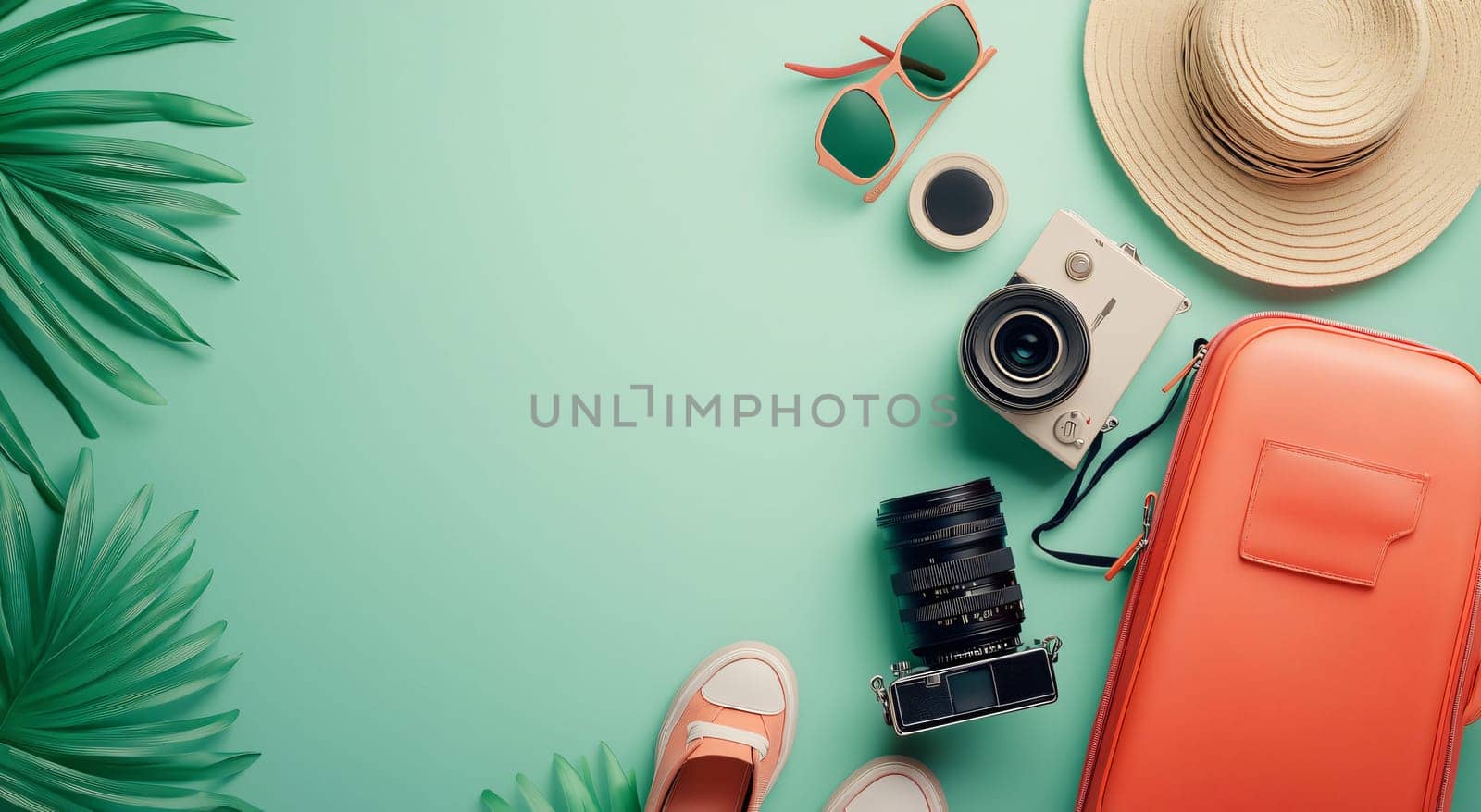 Suitcase, sunglasses, cameras, sneakers, straw hat and tropical leaves composing travel and vacation concept on turquoise background with copy space