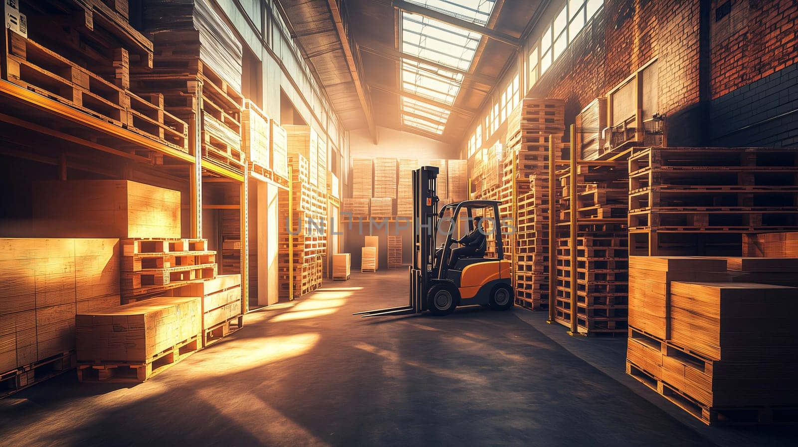 Forklift operator is driving through a warehouse full of pallets with goods