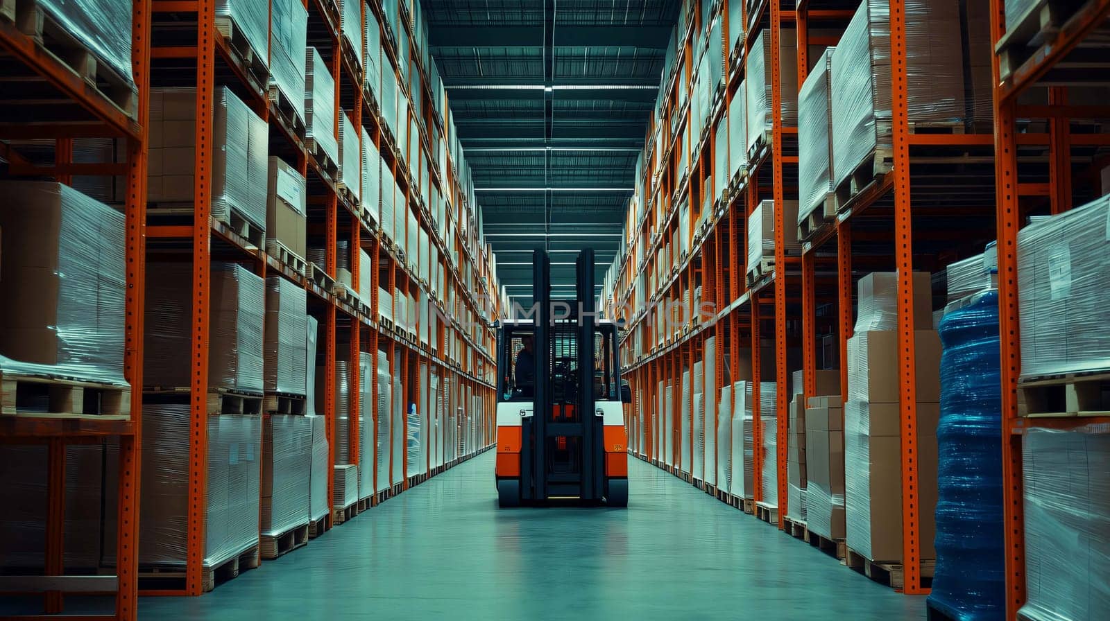 Forklift operator is driving through a warehouse with tall shelves full of goods