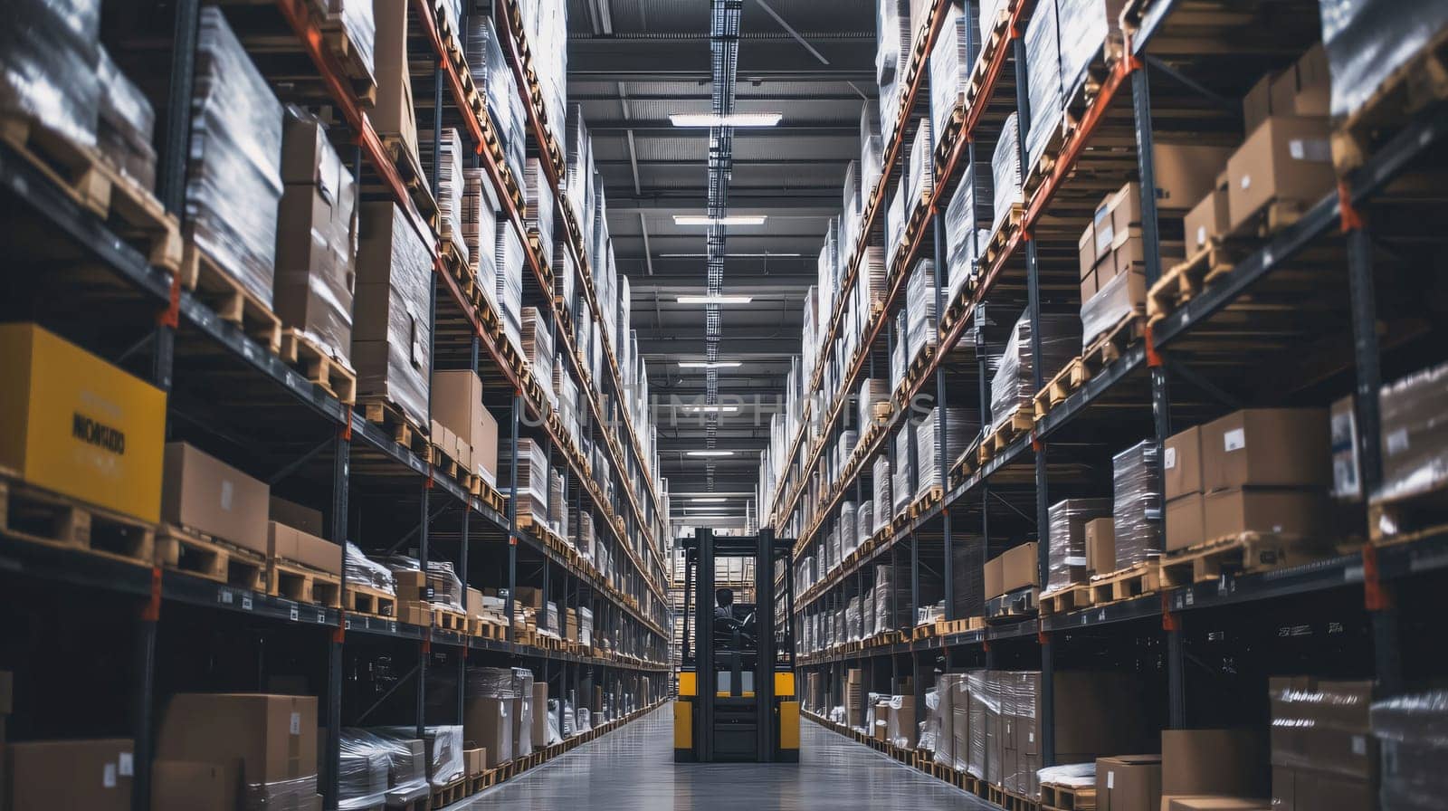 Forklift is waiting in a very large warehouse with shelves full of goods on pallets