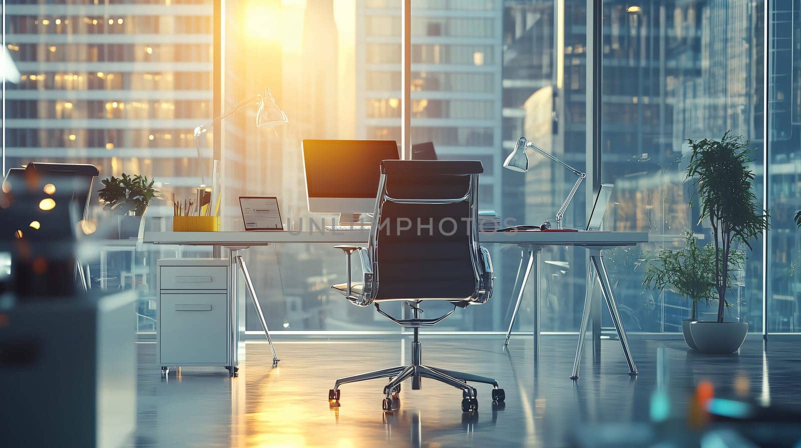 Modern office interior with nobody present, featuring a desk, chair, and computer, bathed in warm sunlight streaming through large windows revealing a breathtaking cityscape