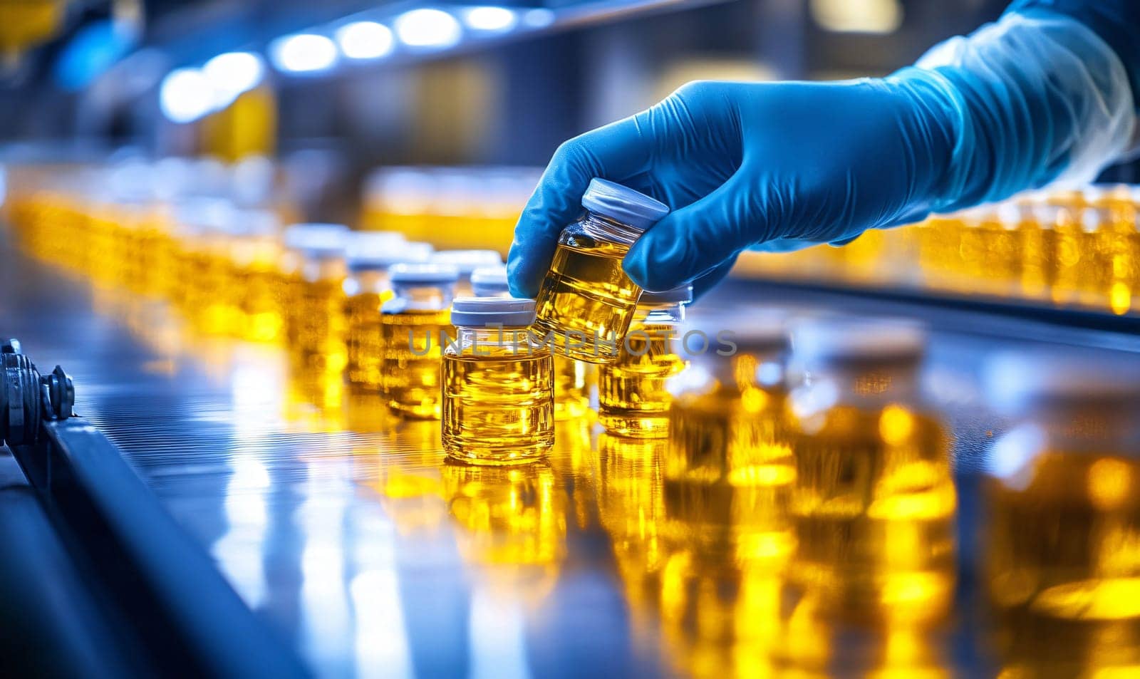 Pharmaceutical technician wearing blue gloves is placing a vial on a production line of liquid medicine