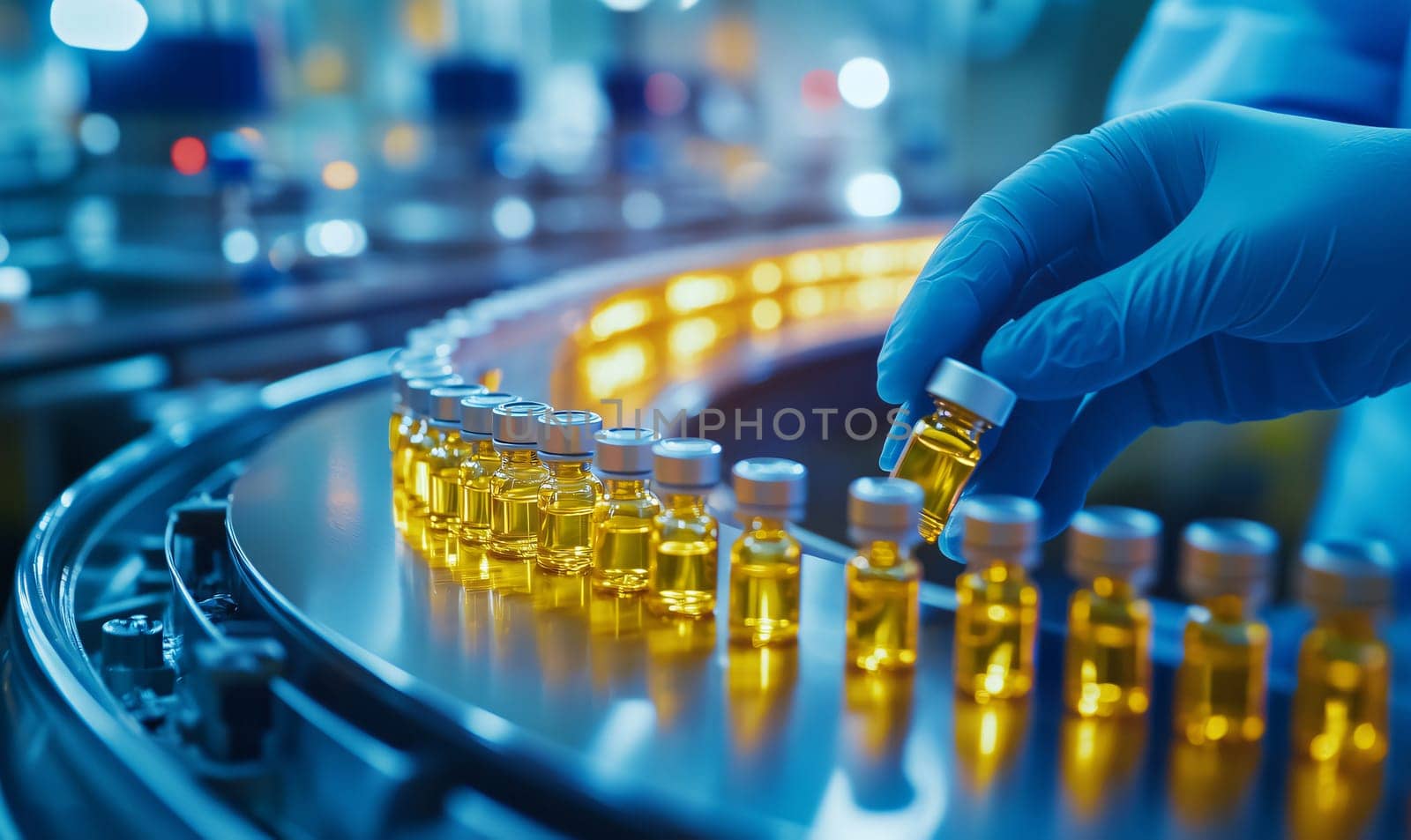 Pharmaceutical worker is carefully selecting a vial of liquid medicine from an assembly line