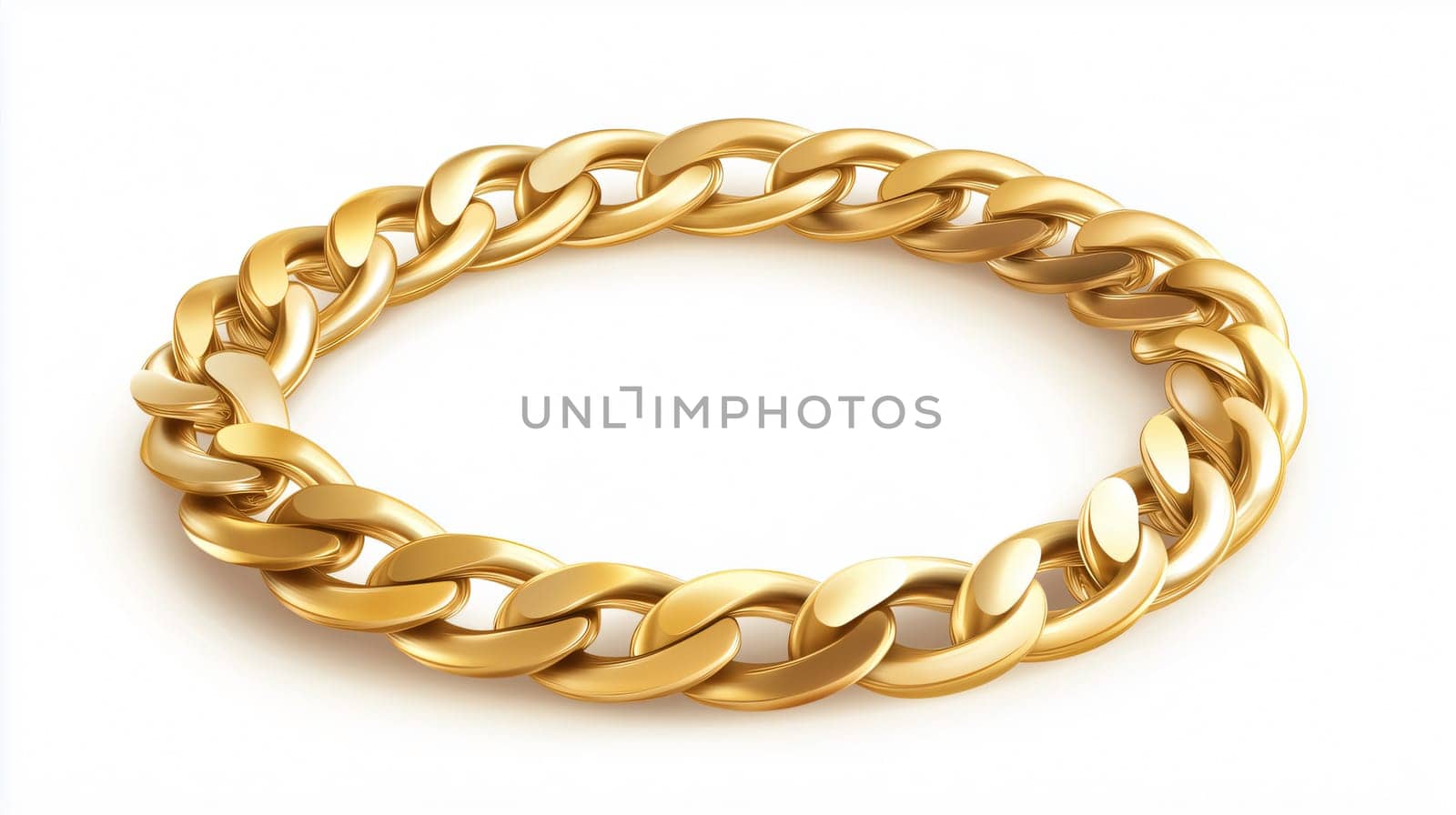 Thick gold chain is lying flat on a white surface