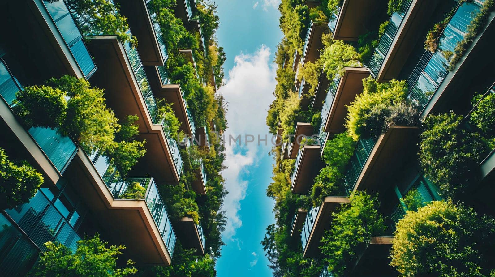 Lush green plants growing on the balconies of a modern apartment building