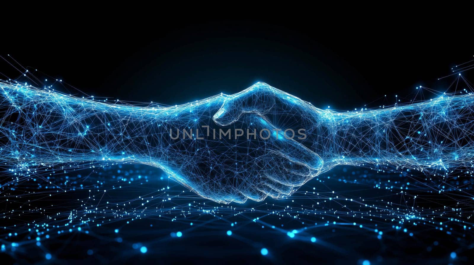 Two digital hands meeting and shaking in a global business agreement