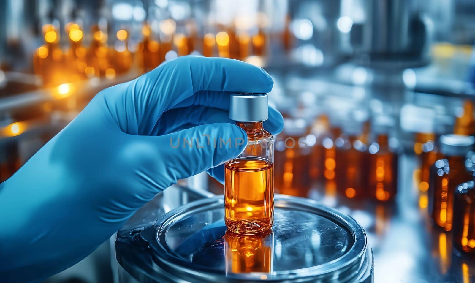 Scientist is holding a vial of liquid on a production line in a pharmaceutical factory
