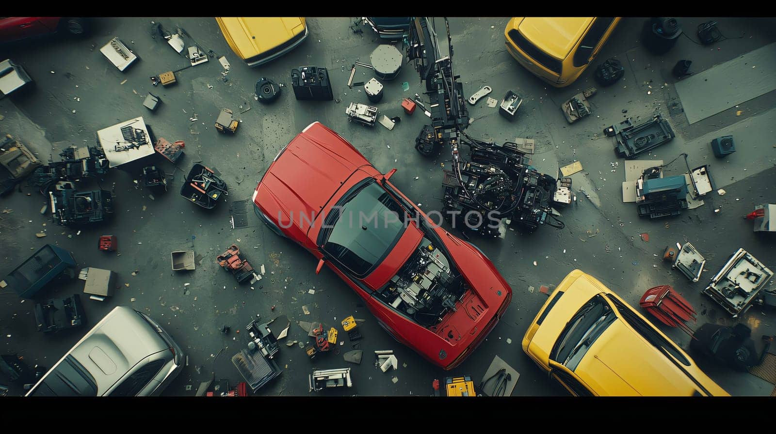 Aerial view of a red sports car undergoing repairs in a bustling junkyard, surrounded by car parts and tools