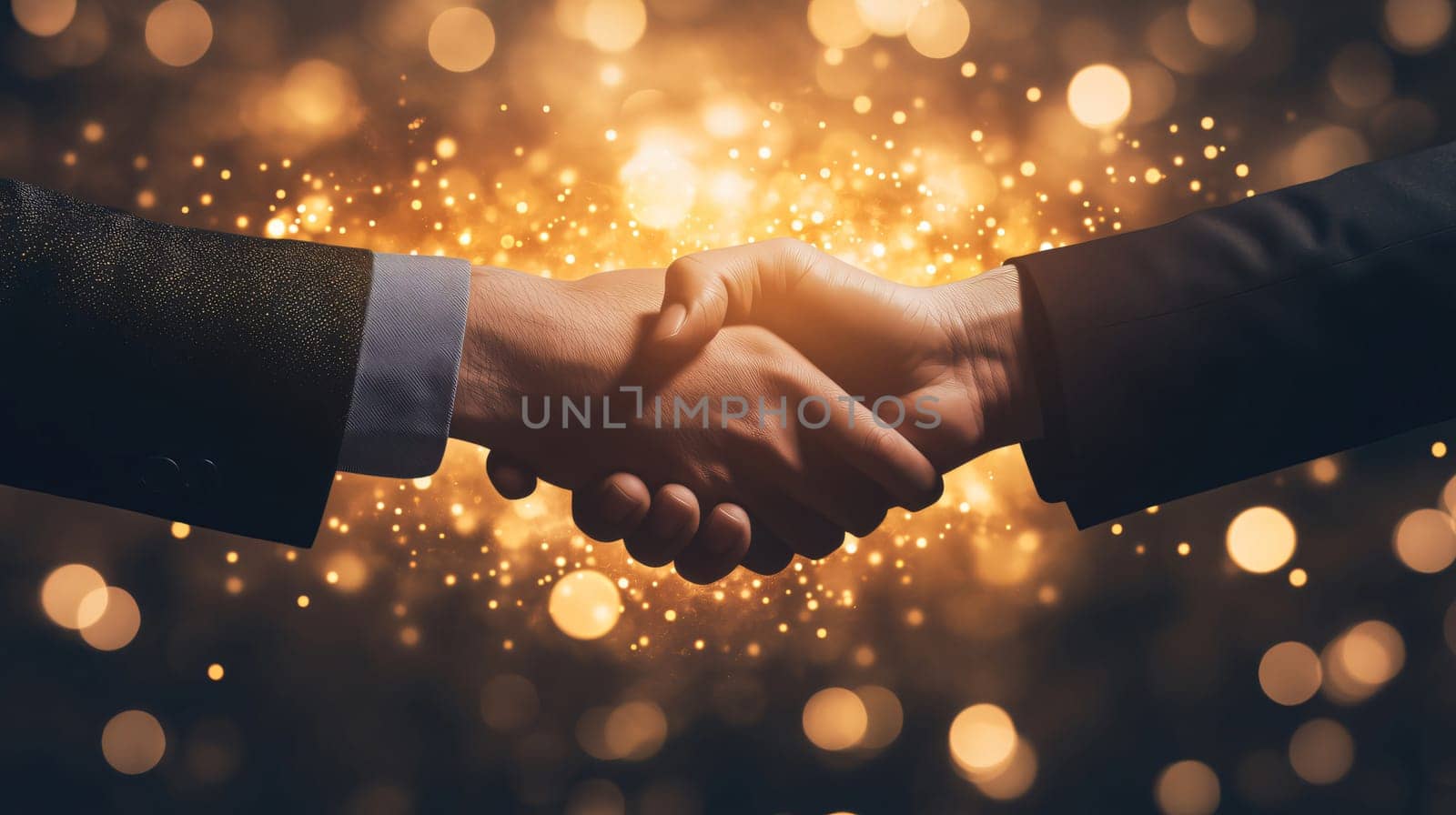 Two businessmen shaking hands with golden glitter sparkles flying around, celebrating their success