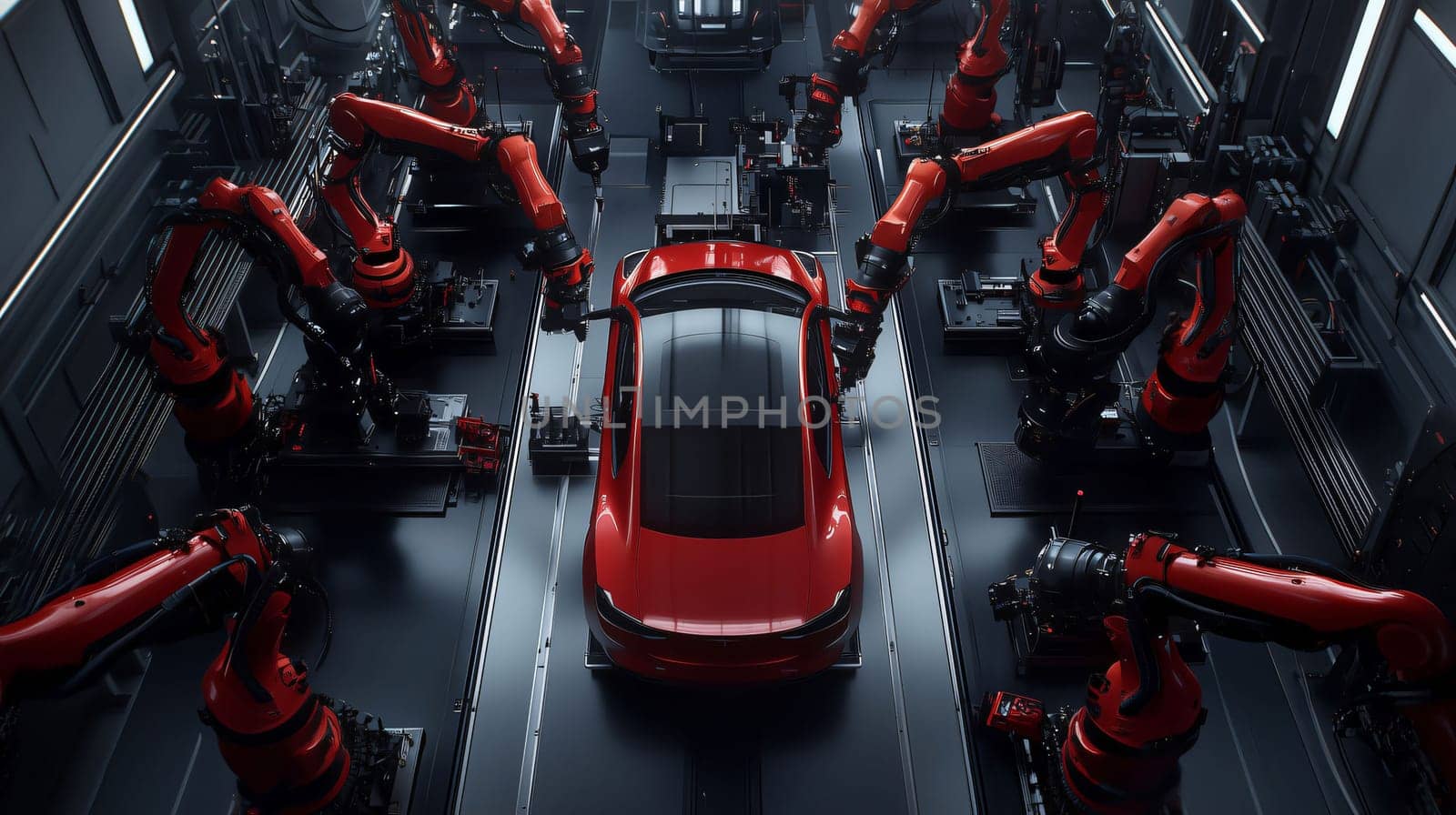 Red sports car is being assembled by red industrial robots in a modern factory