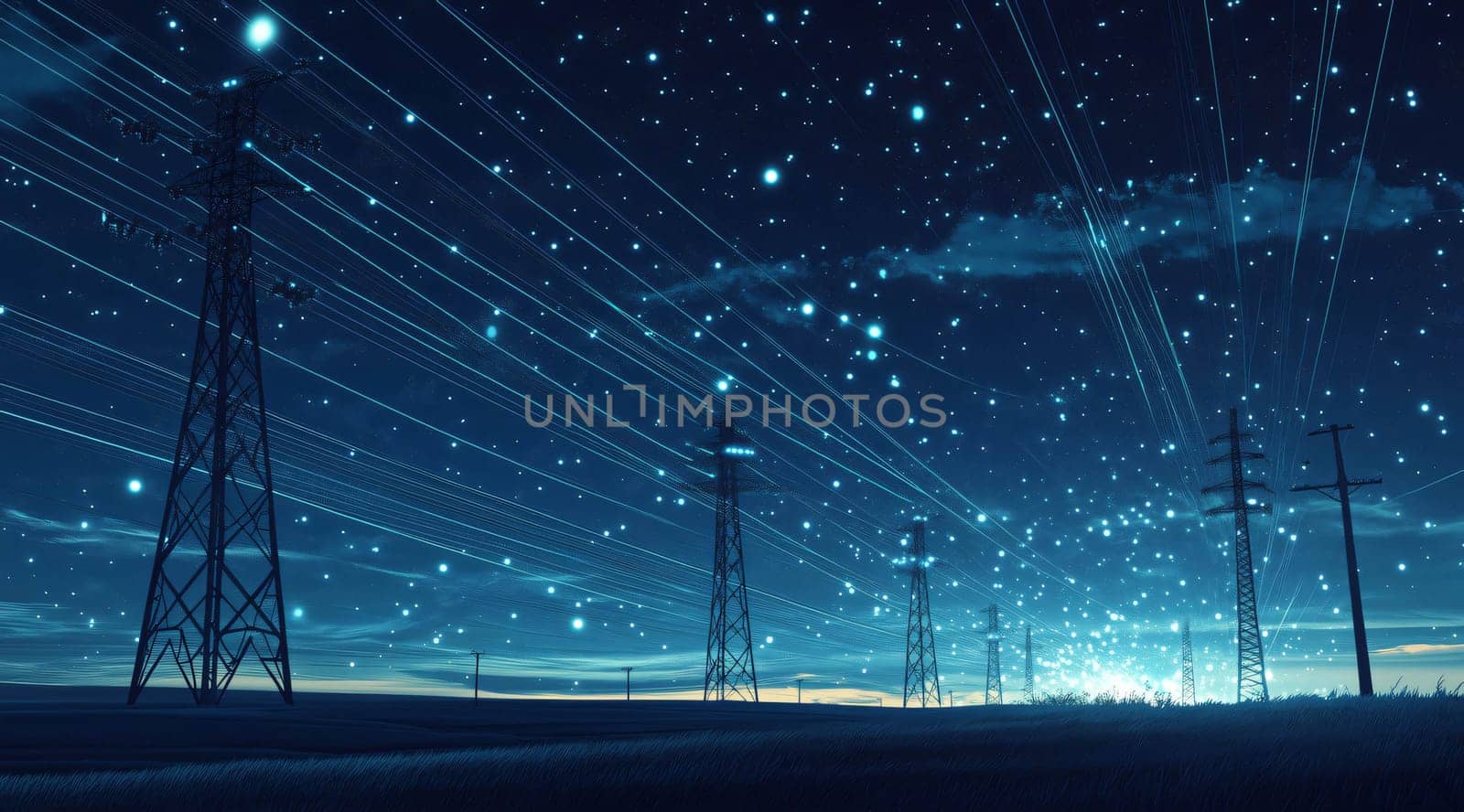 Energy and electricity are transferring through power lines under the starry night sky