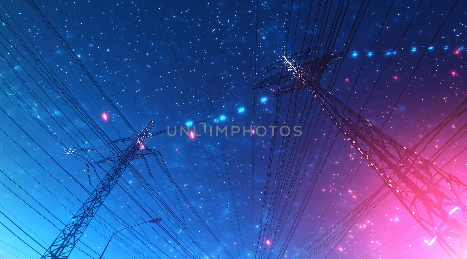 High voltage power lines are crossing a futuristic night sky filled with glowing particles and a starry background