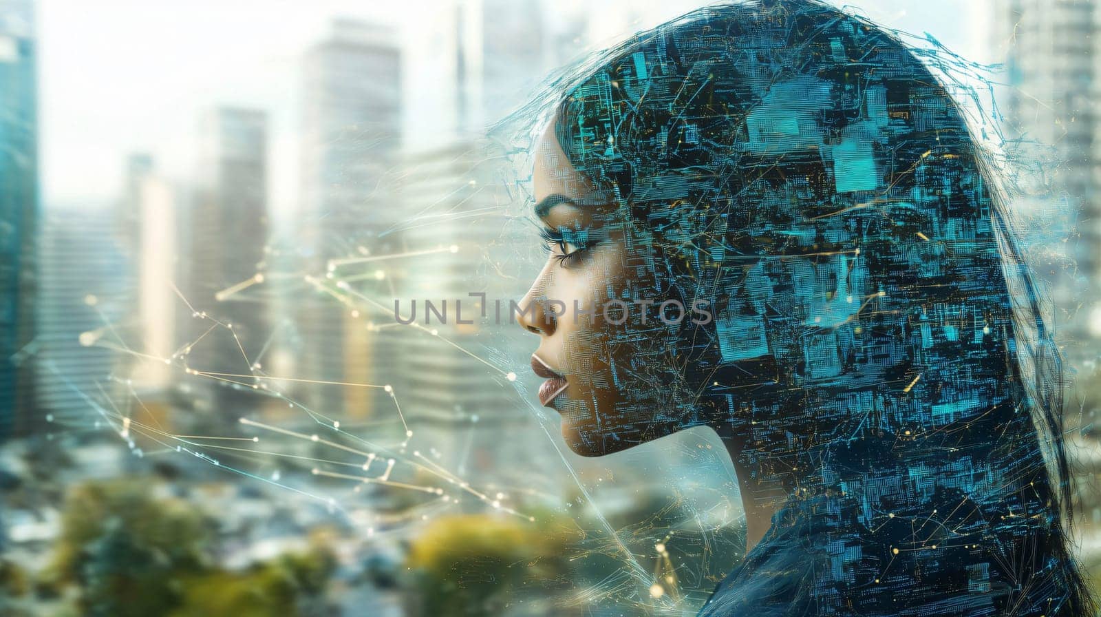 Young professional woman using artificial intelligence in smart city business center