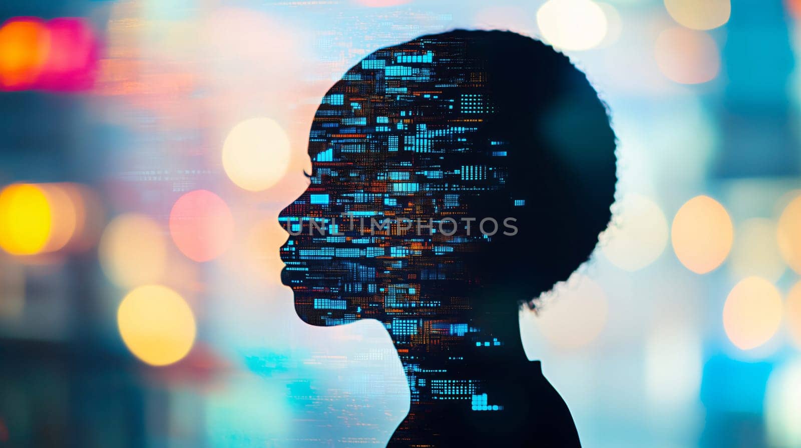 Silhouette of a woman merging with digital data, symbolizing the fusion of technology and humanity in a vibrant cityscape
