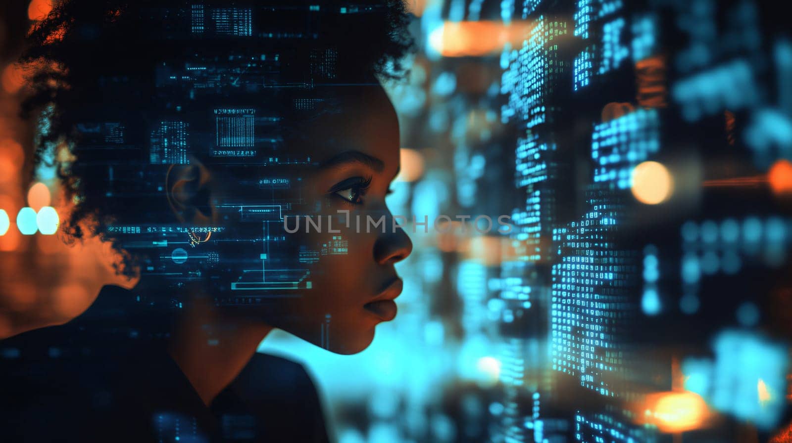 Female programmer is working with abstract code data in a double exposure composition