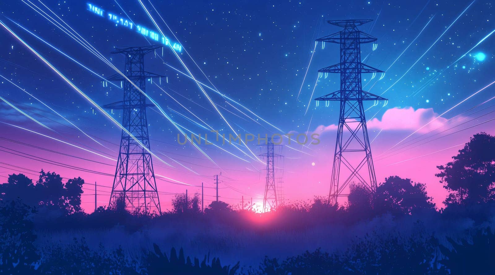 Power lines stretching into the distance, pulsing with futuristic energy under a vibrant, starry sky