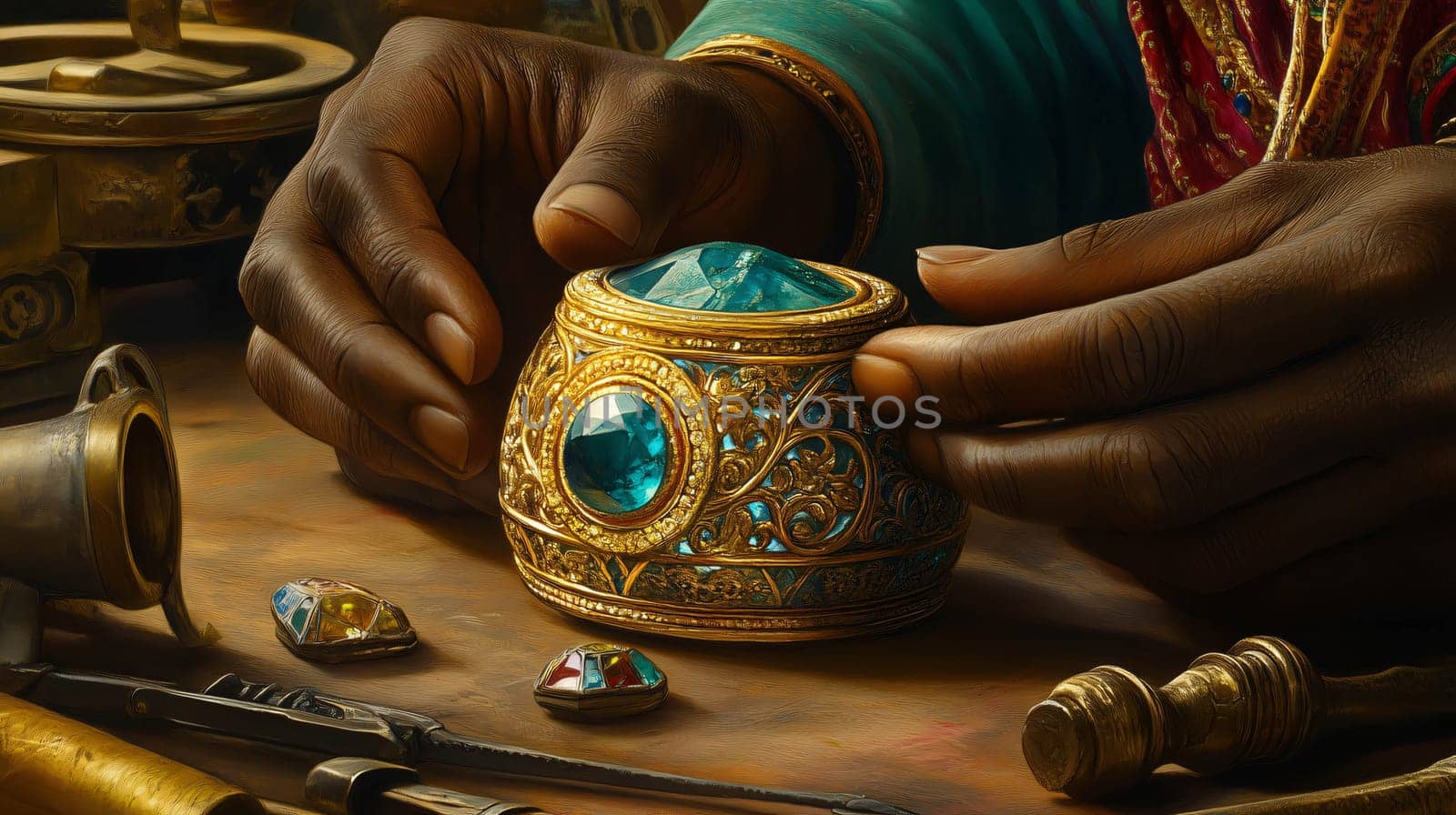 Jeweler carefully holding a richly decorated jeweled orb, crafting in a workshop