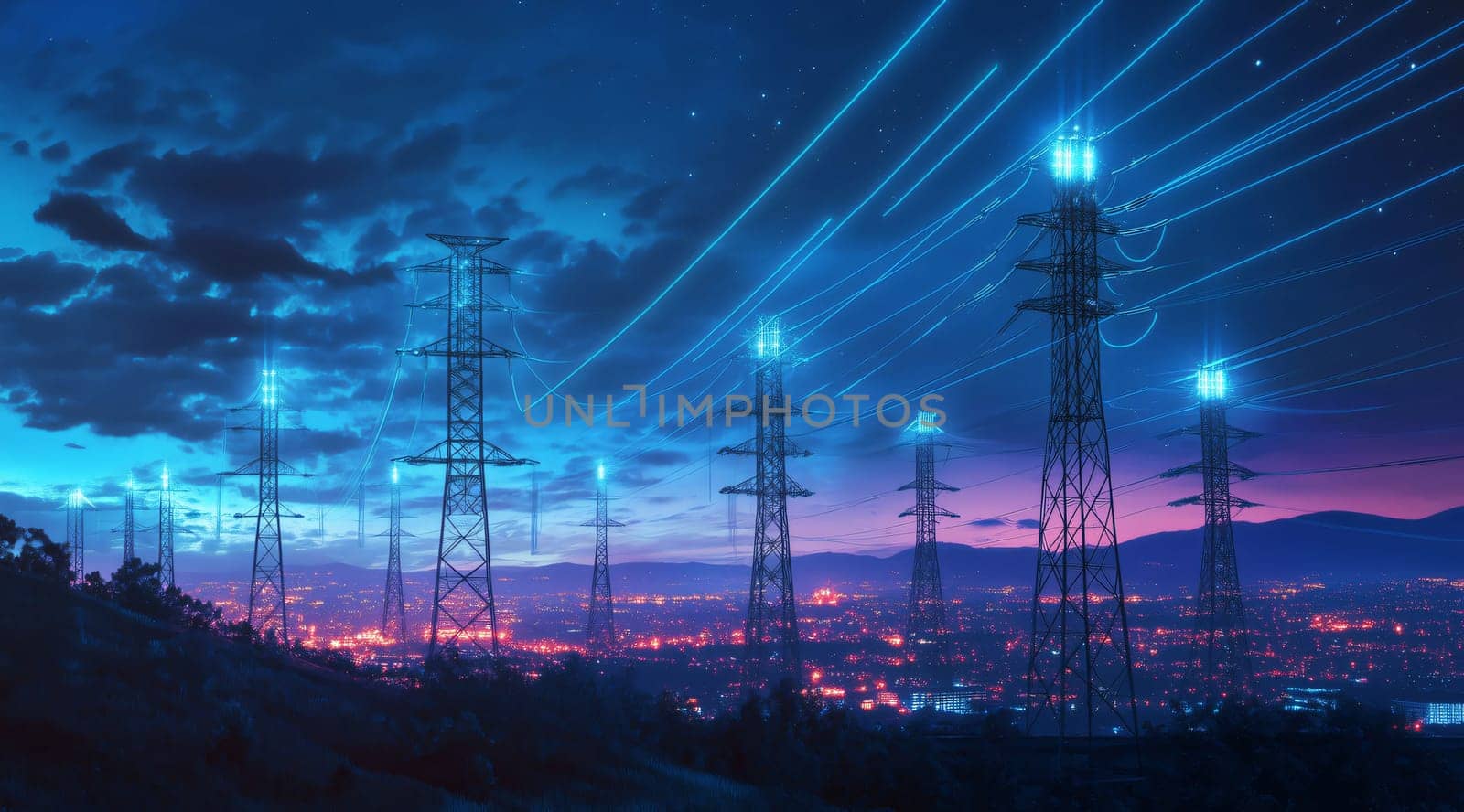 High voltage power lines are delivering electricity to a city at night