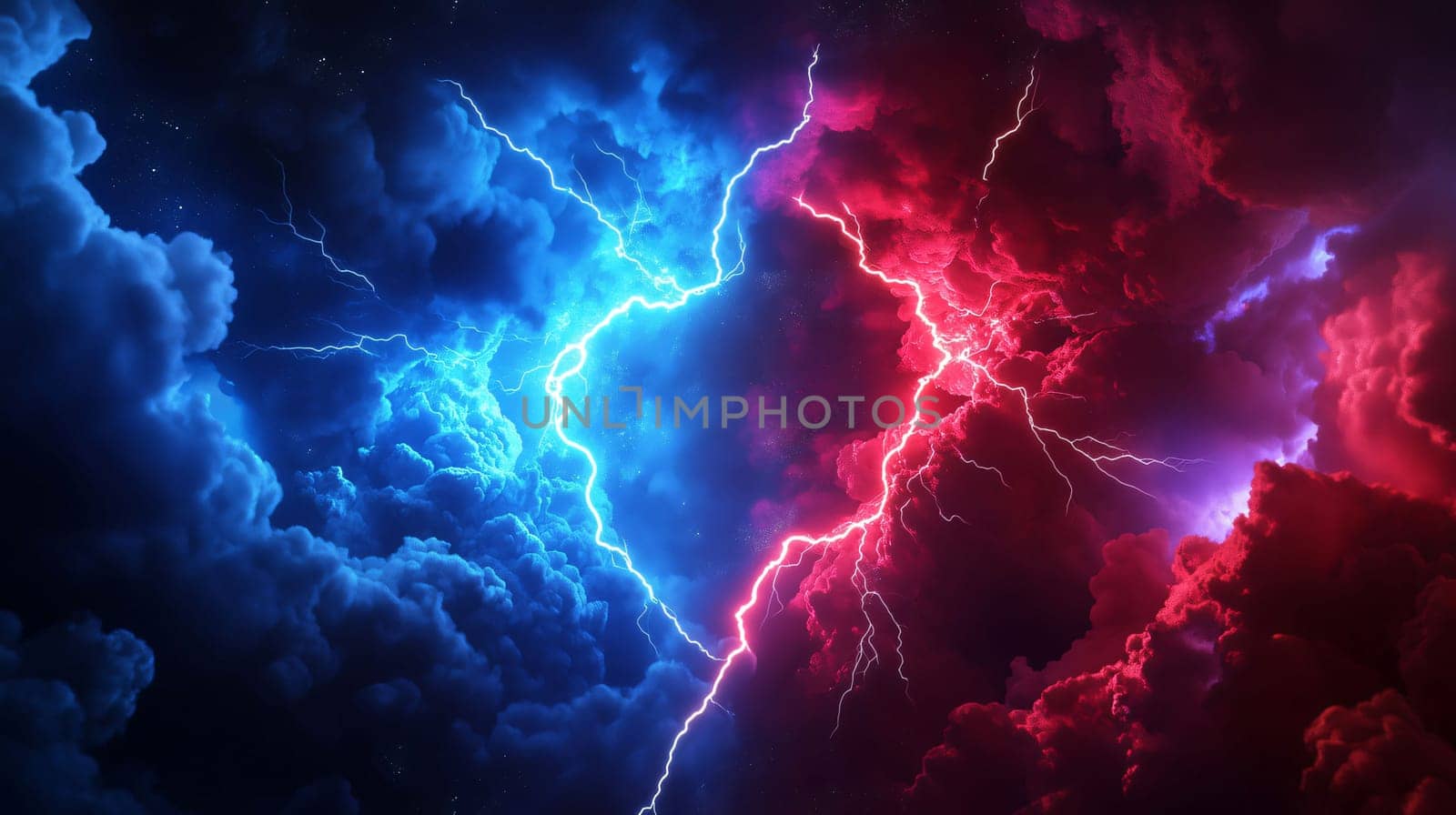 Lightning bolts are flashing through a stormy sky, illuminating the clouds with red and blue light