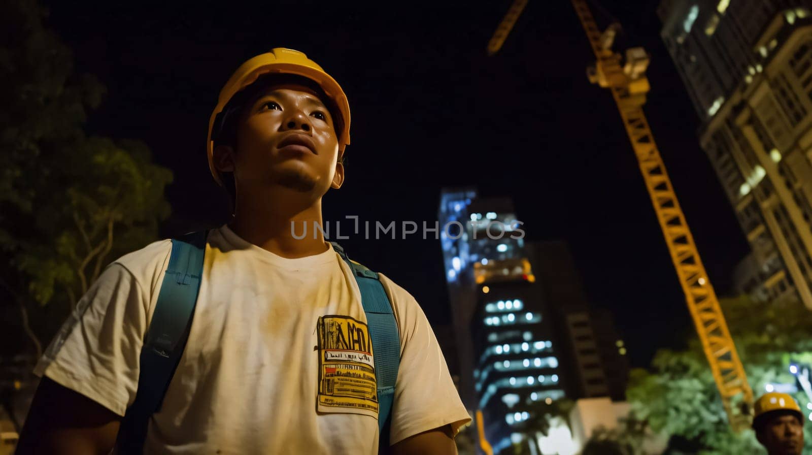 Construction worker looking up with a building project and crane in the background at night
