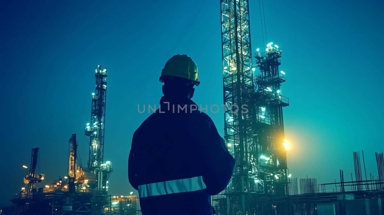 Oil rig worker is standing with his back to us, looking up at a refinery plant at night