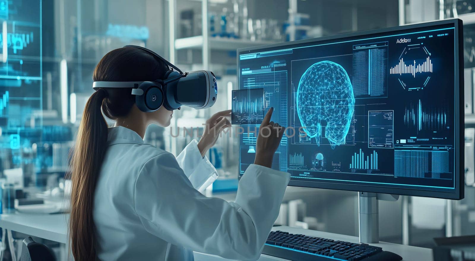 Neuroscientist is using virtual reality in a modern laboratory, interacting with a 3d brain model displayed on a computer screen