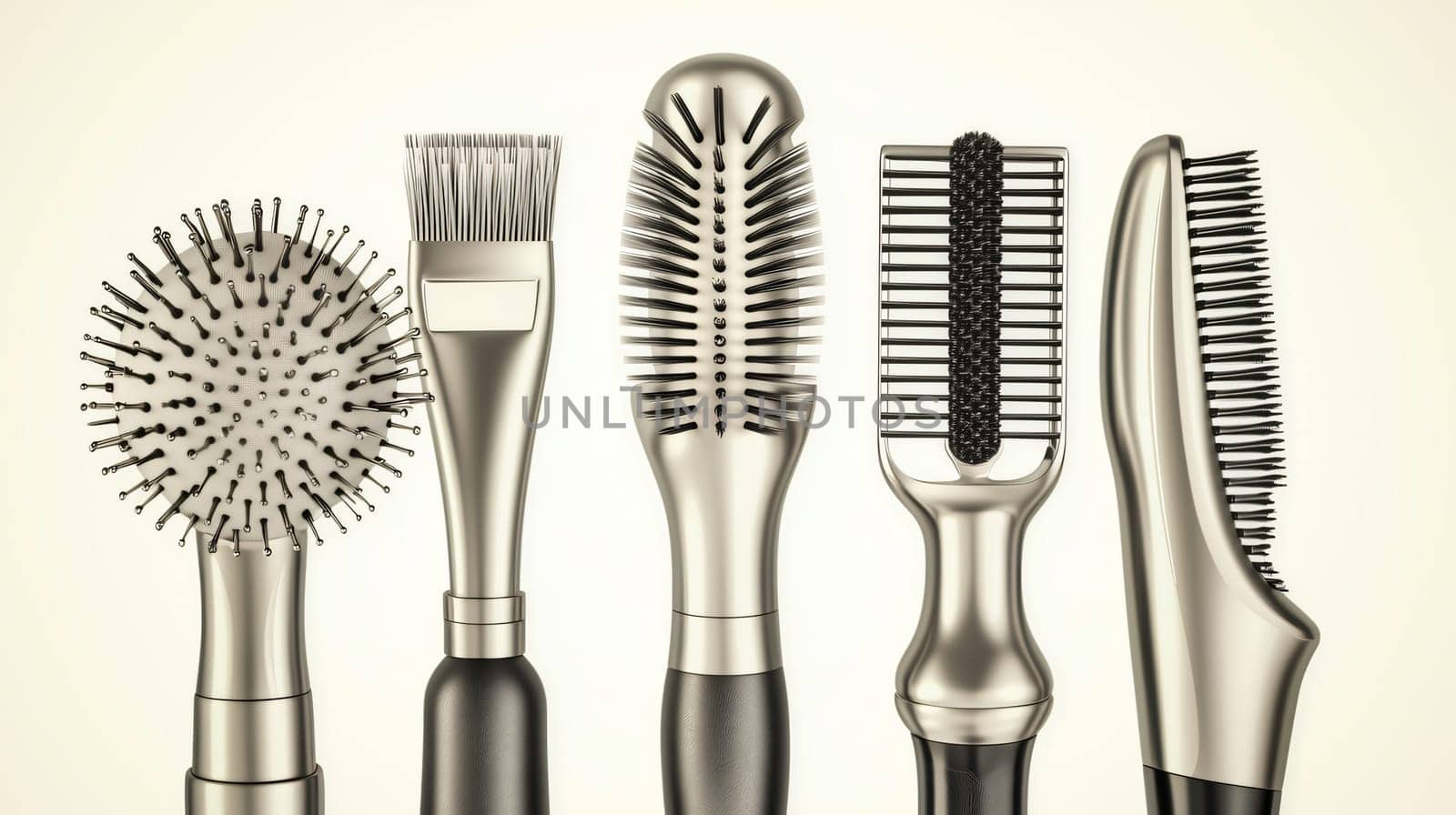 Five various chrome and black hairbrushes standing on light background