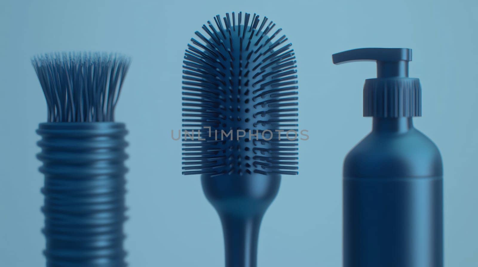 Hair care products set composed by comb, brush and lotion bottle on blue background for a minimal look