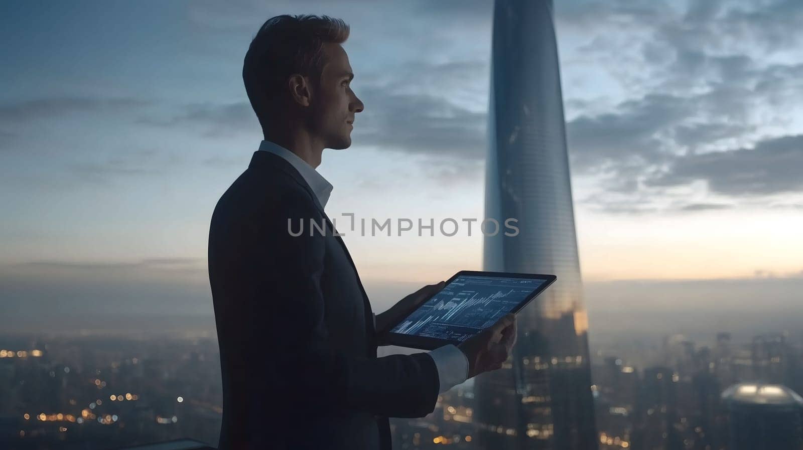 Businessman is standing in front of a window overlooking a city at night using a tablet to check financial data