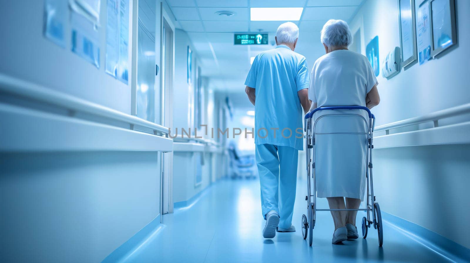 Doctor is assisting an elderly female patient using a walker in the corridor of a hospital