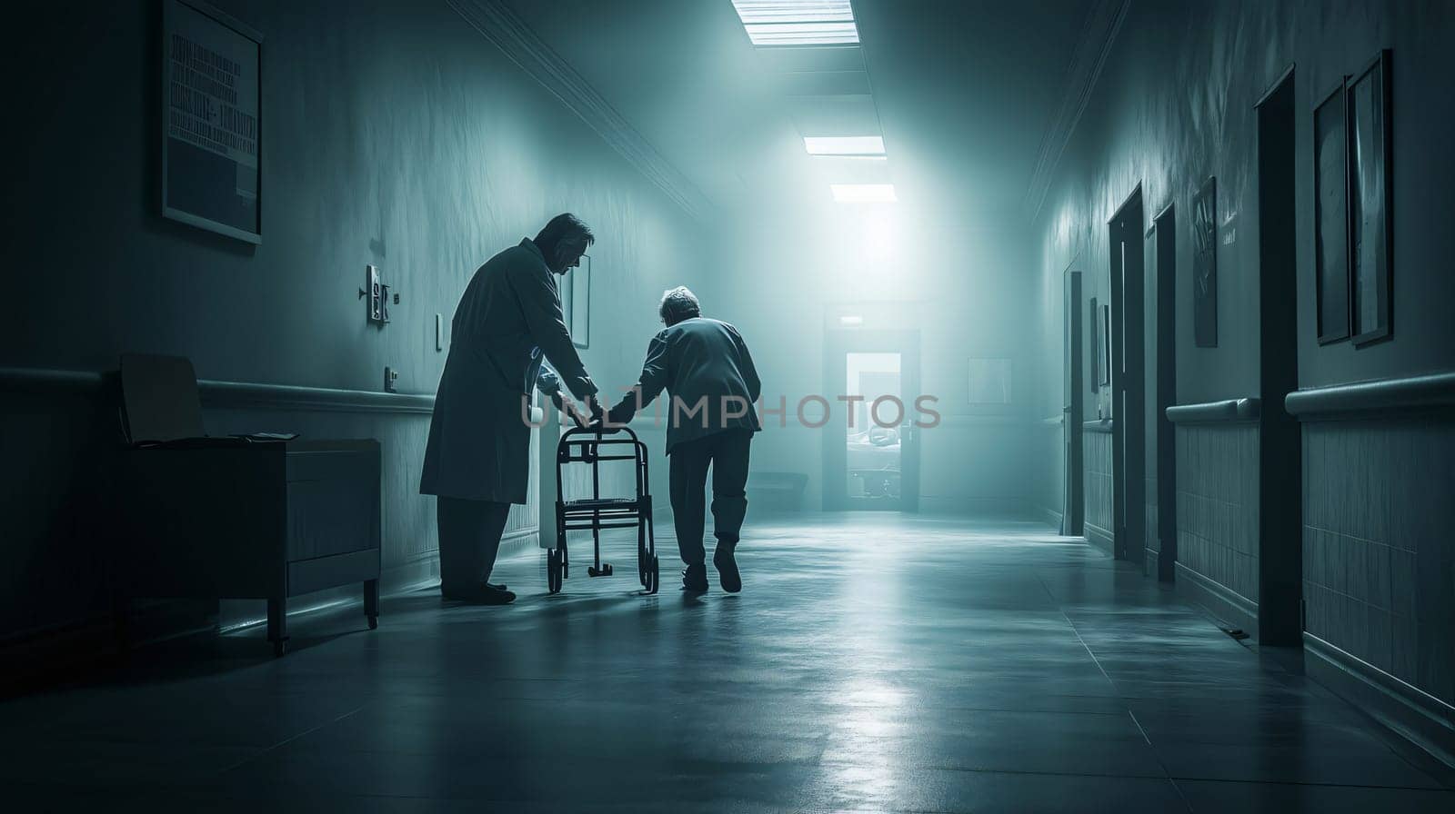 Doctor is assisting an elderly patient using a walker in the corridor of a hospital