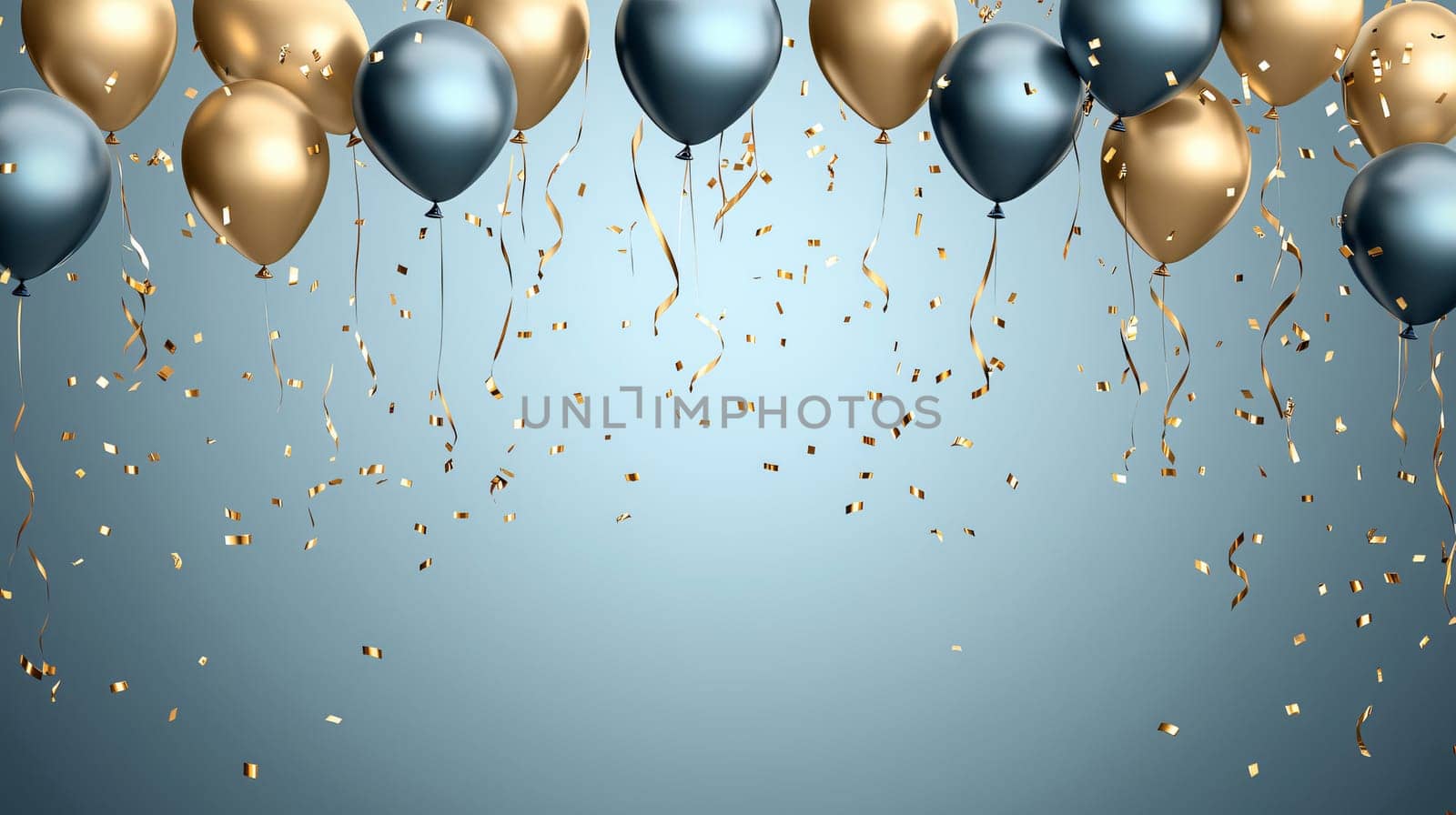 Gold and blue balloons hanging from the top of a pastel blue wall with gold confetti falling