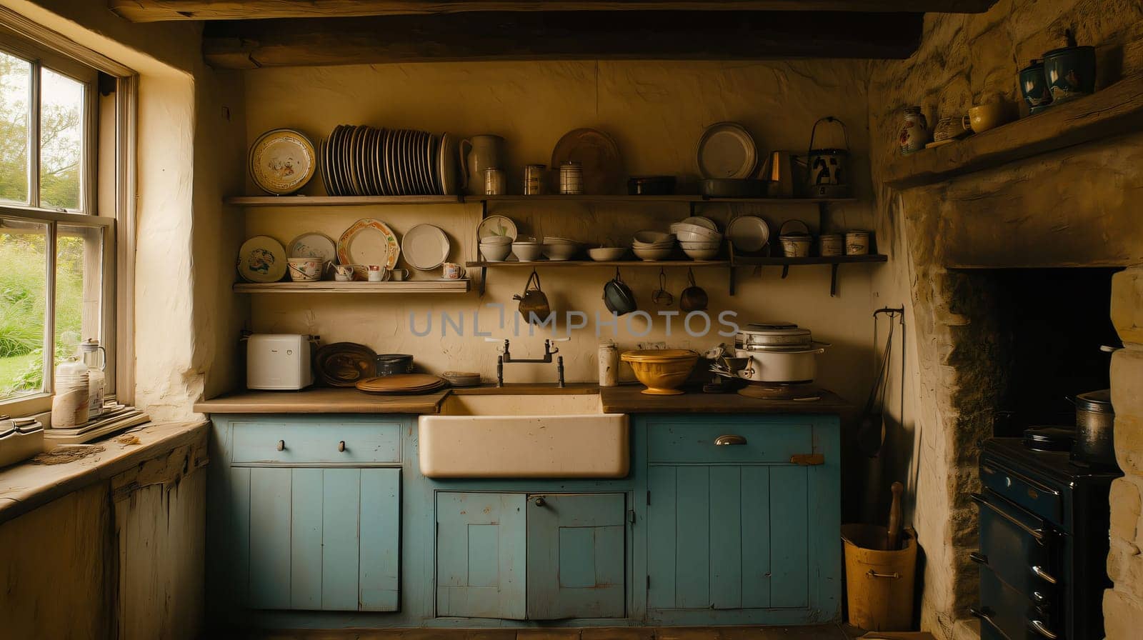 Charming vintage kitchen in an english cottage, featuring exposed stone, wooden beams, and a cozy, lived-in atmosphere
