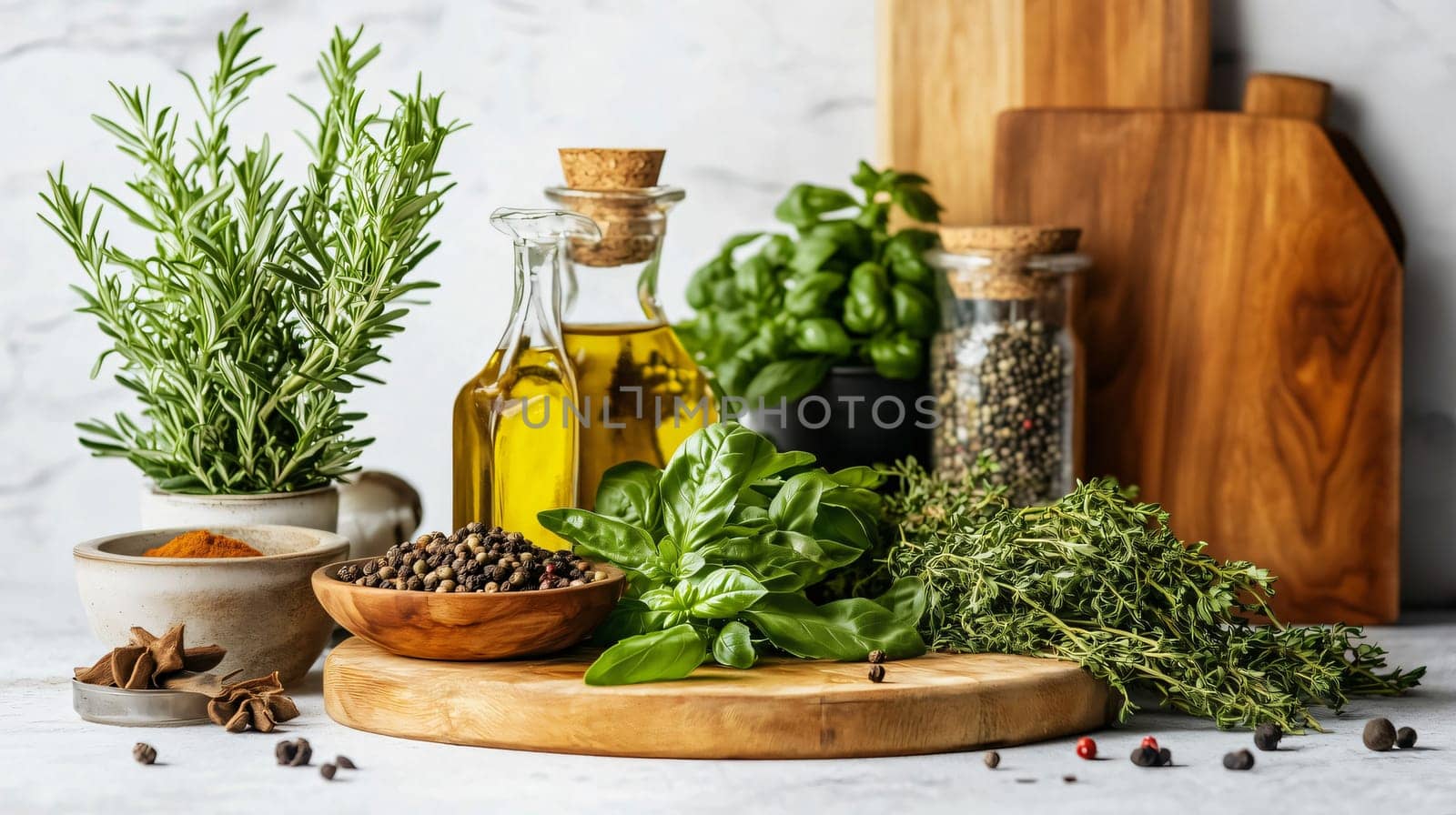 Fresh herbs and spices are arranged on a kitchen table, ready for cooking