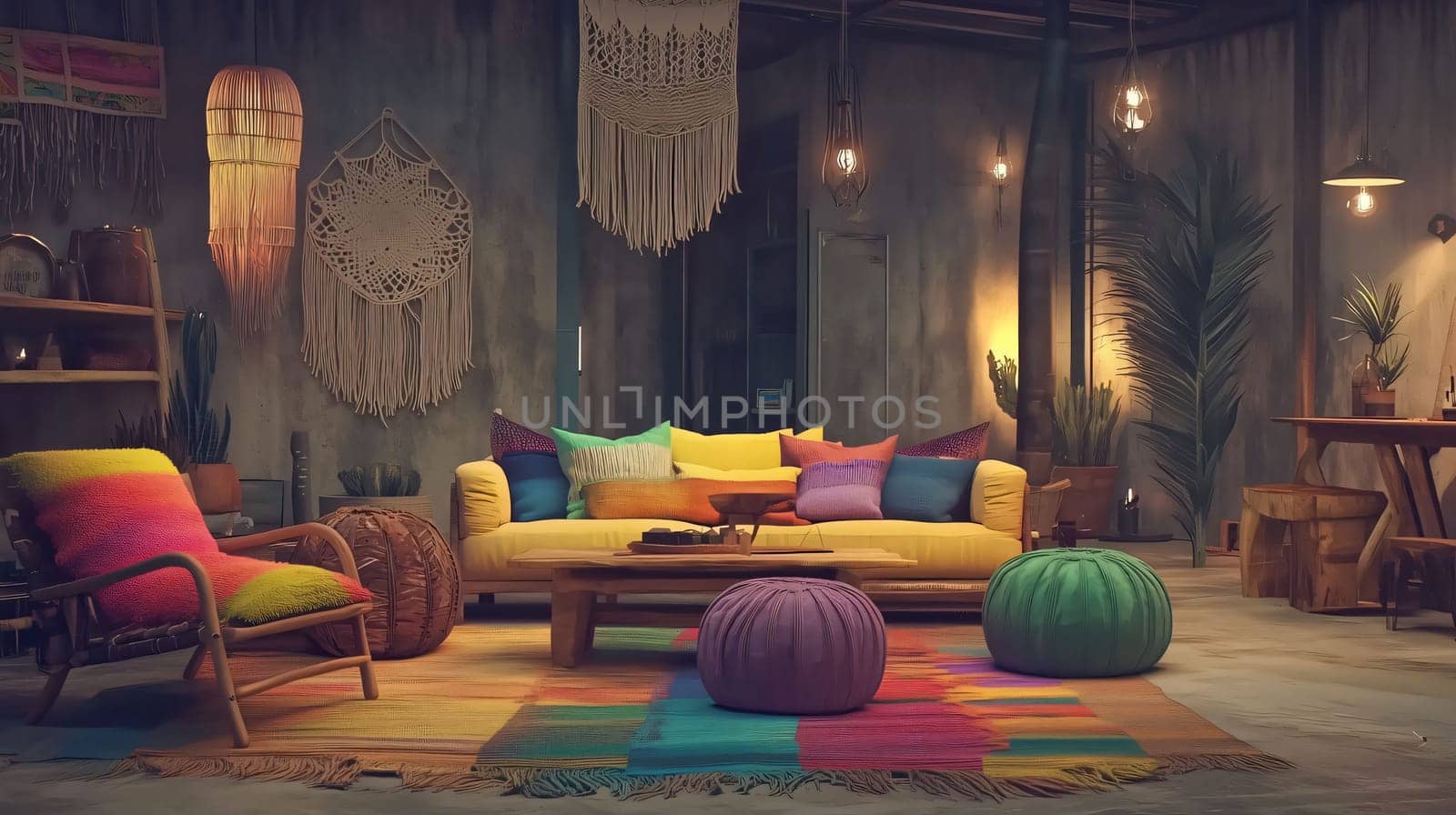 Bohemian living room showcasing a blend of bohemian and industrial design elements, featuring vibrant colors, natural textures, and unique furniture pieces