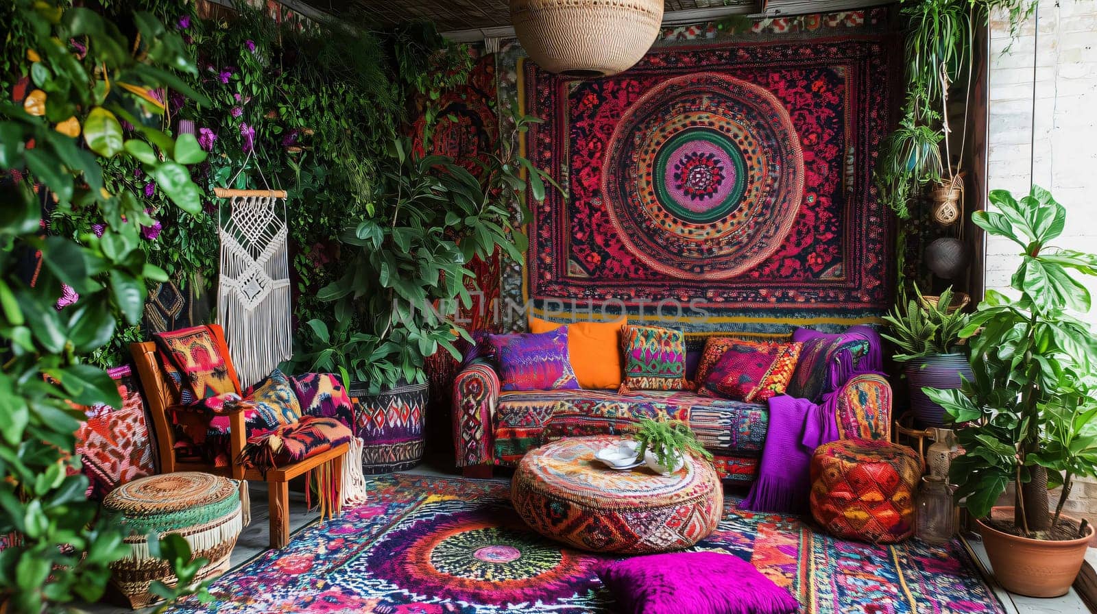 Colorful bohemian chic living room with a sofa and armchairs decorated with many plants