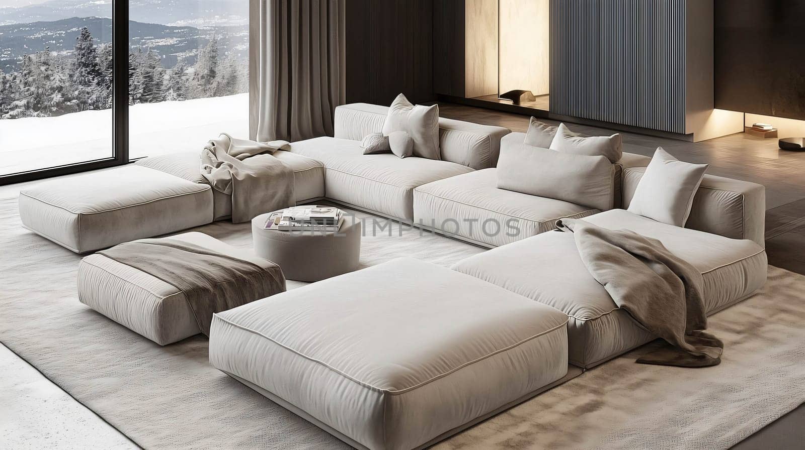 Modern living room interior with big modular sofa, panoramic windows and snowy mountain view