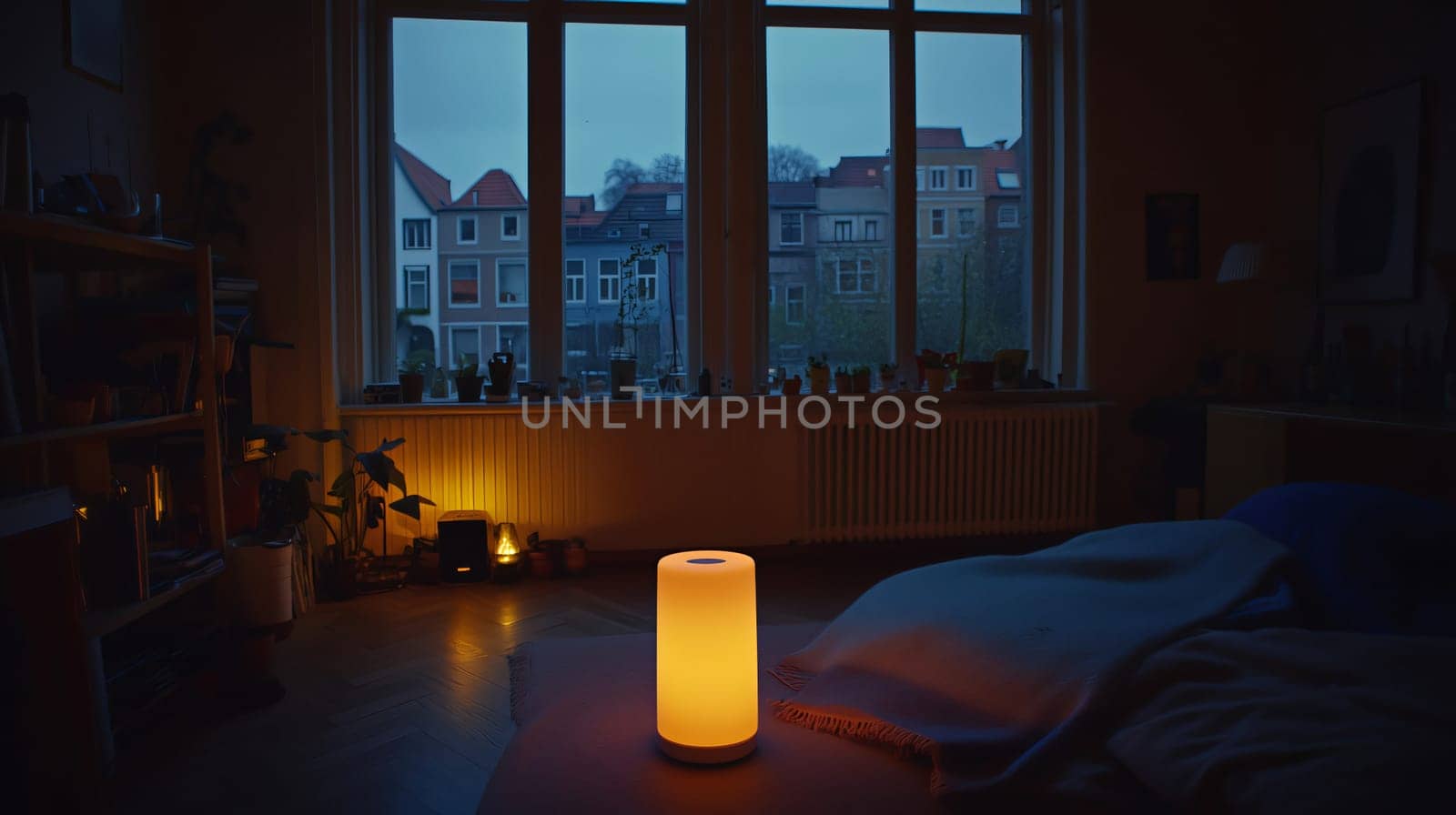Modern smart led lamp illuminating a dark, cozy bedroom in the evening, creating a relaxing atmosphere