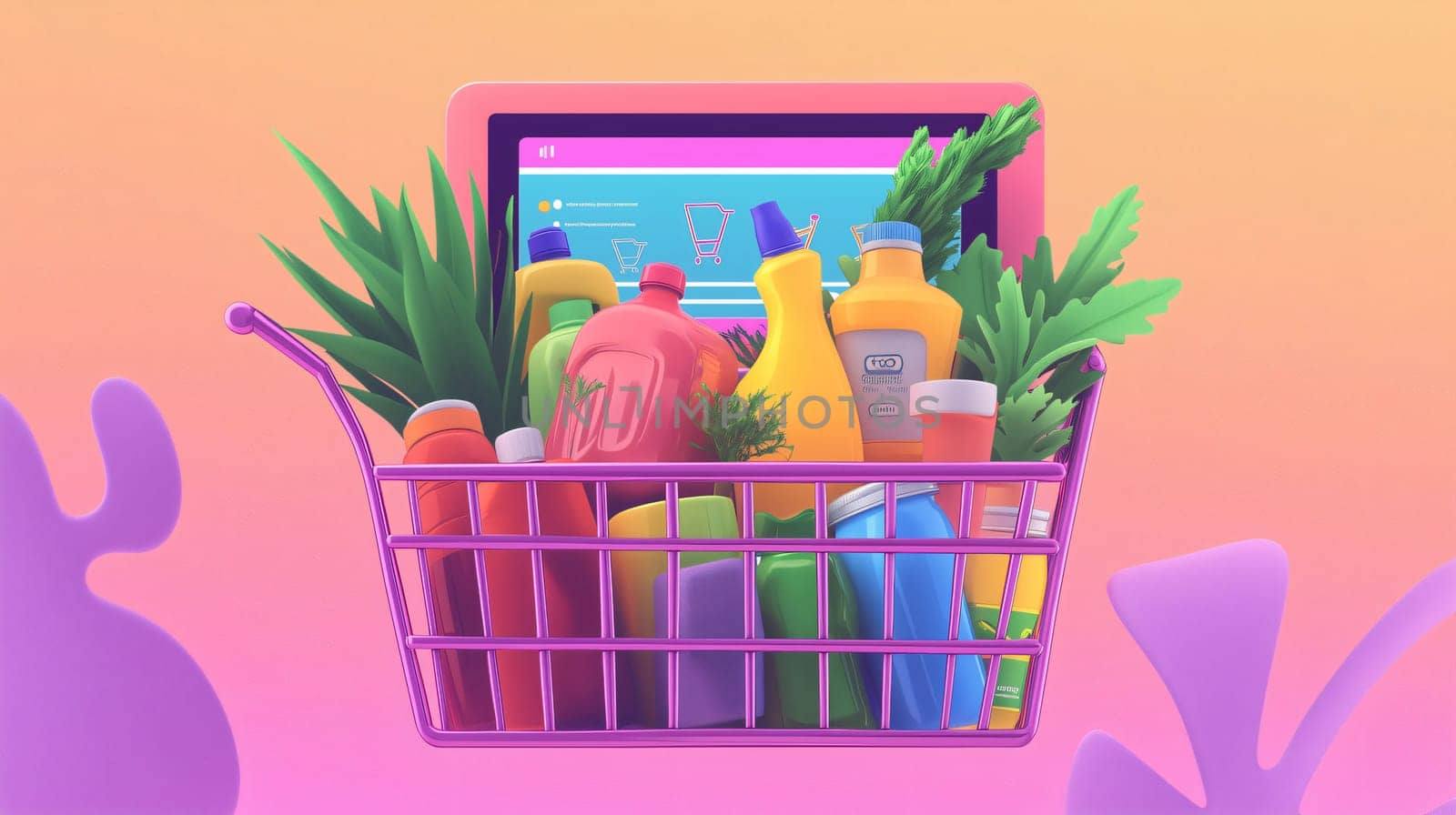 Shopping basket full of cleaning products is standing next to a digital tablet showing a checkout page, suggesting the purchase of household products online
