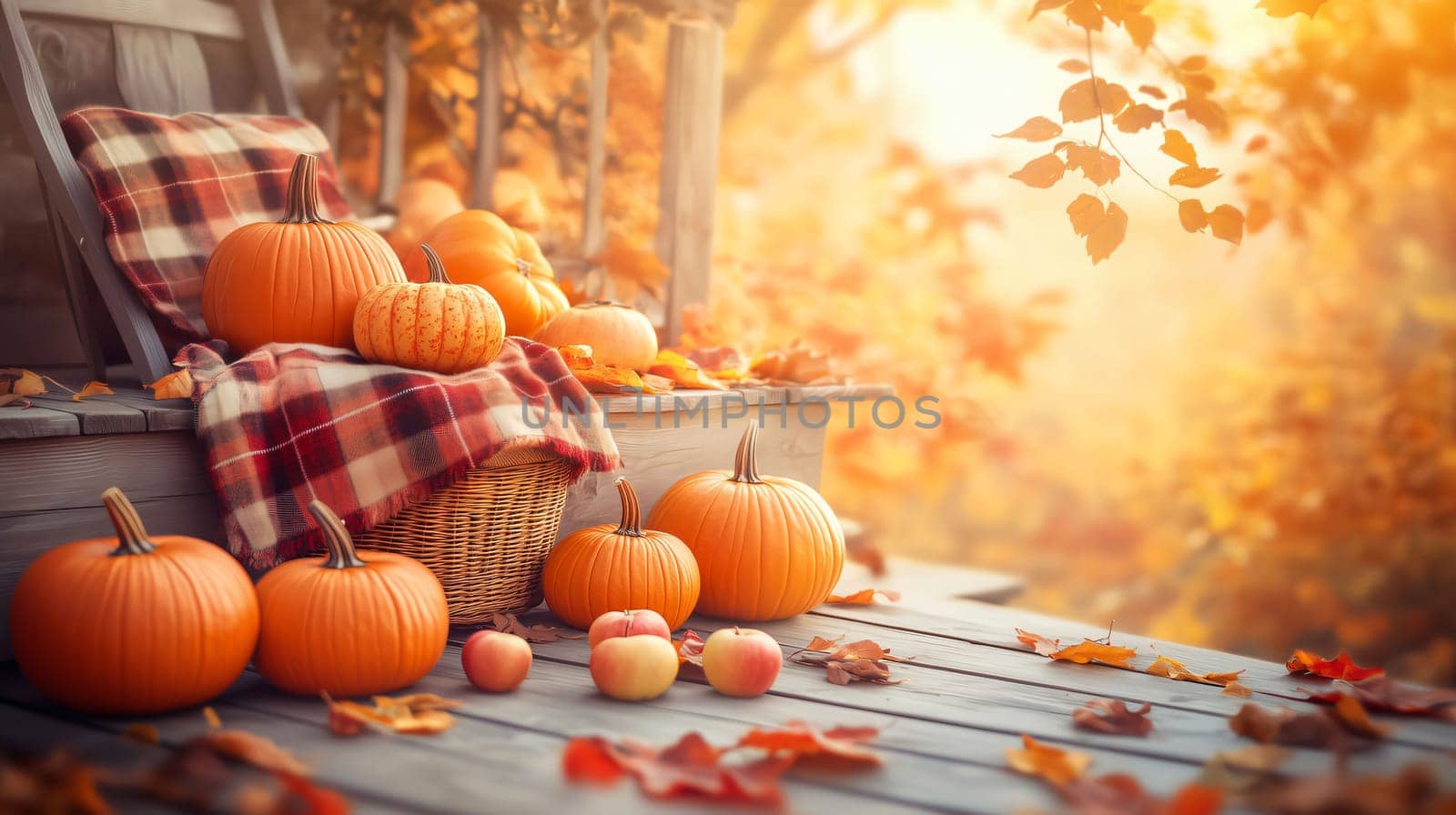 Wooden porch with pumpkins and apples is decorated for the fall season
