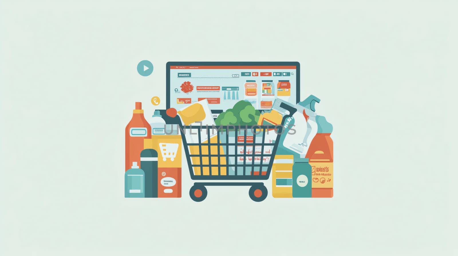 Shopping cart full of groceries with a computer displaying a grocery shopping website in the background
