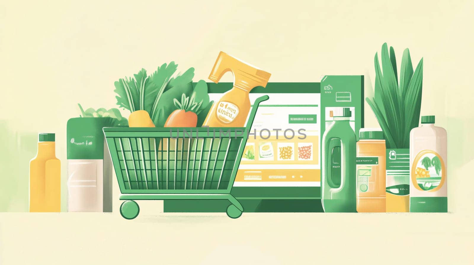 Shopping cart full of fresh produce and cleaning products next to a laptop showing an online grocery store interface