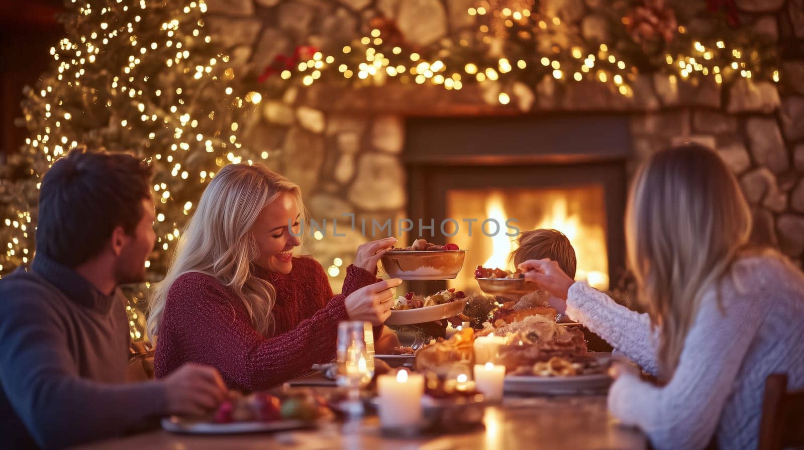 Family is sharing a meal together in front of a fireplace decorated for christmas