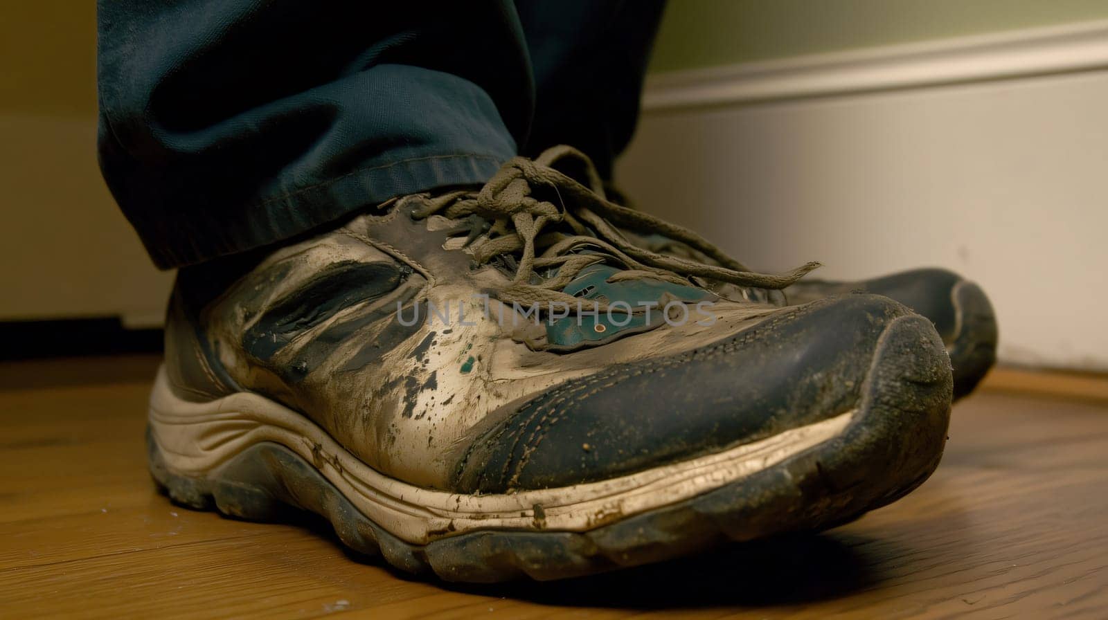 Construction worker is coming home after work wearing dirty shoes