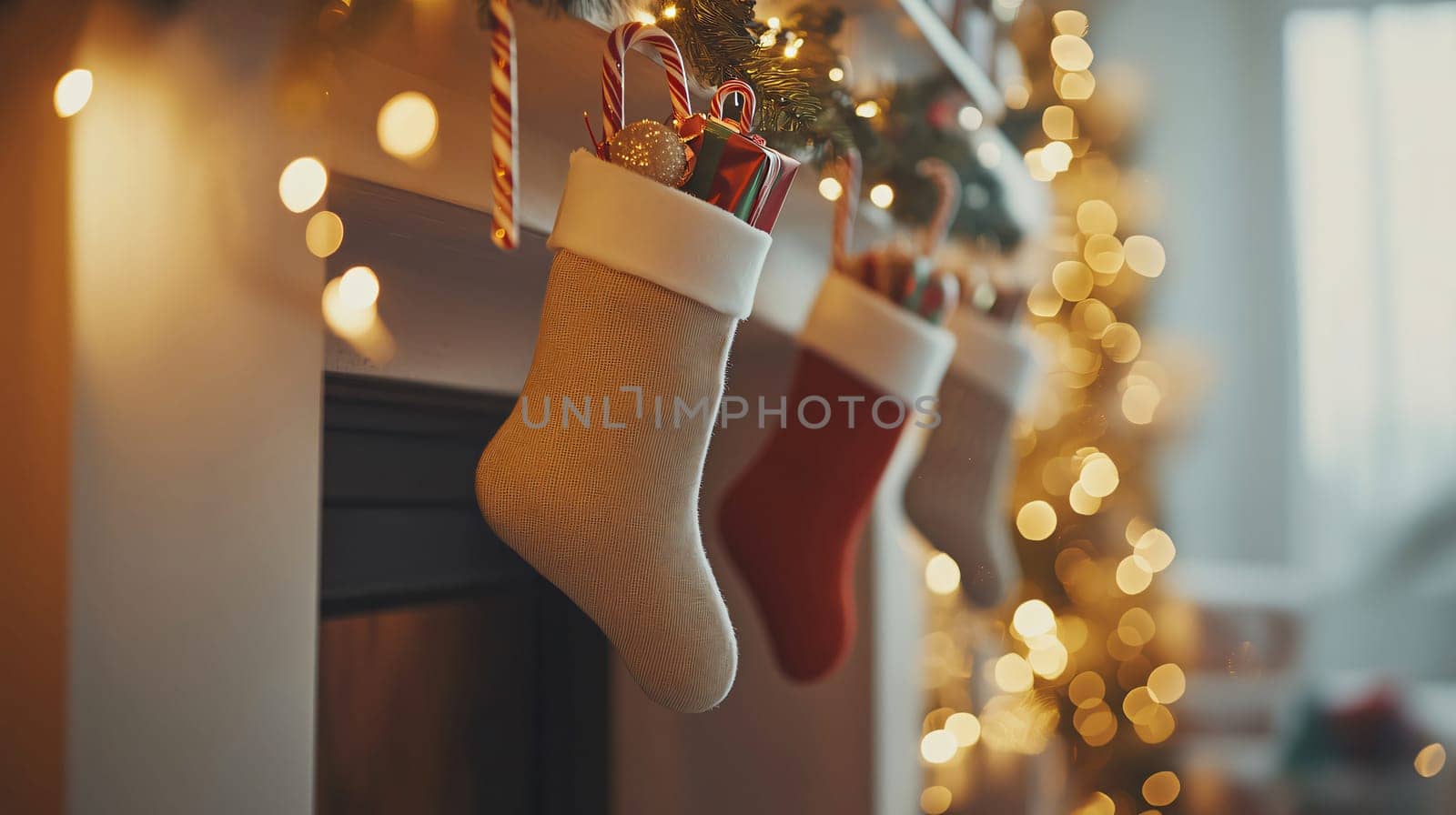 Christmas stockings hanging from fireplace mantel with garland and lights