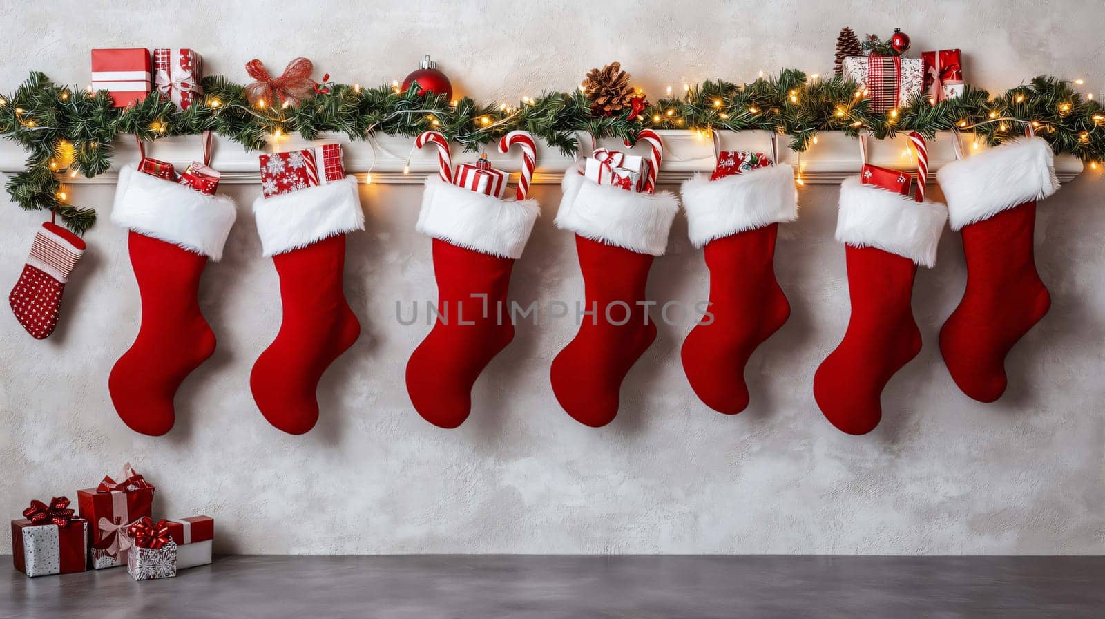 Red christmas stockings hanging from a fireplace mantel decorated for holidays