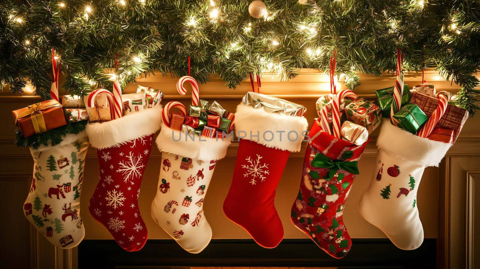 Christmas stockings filled with gifts and candy canes hanging from a fireplace mantel decorated with garland and lights