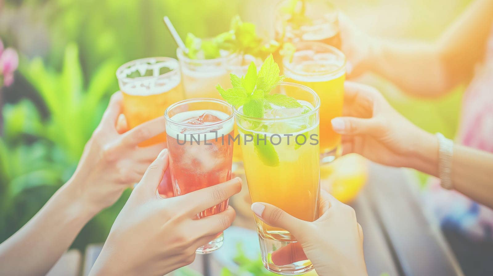 Group of friends toasting with colorful cocktails at a party outdoors