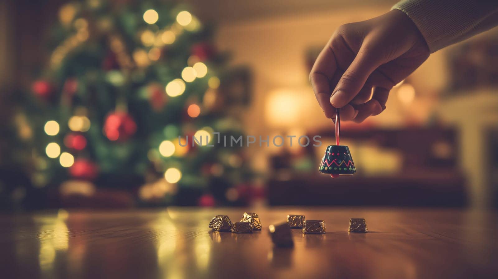 Hand holding a christmas bell ornament over wrapped chocolates on a table with christmas tree in background